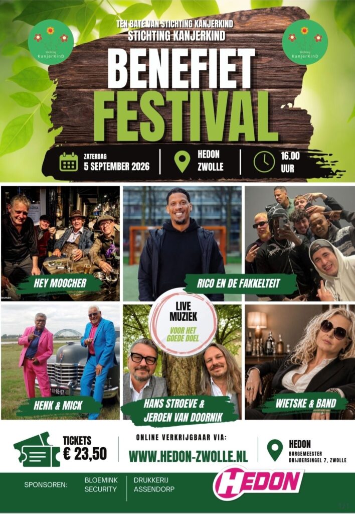 poster van het benefietfestival met afbeeldingen van de artiesten die meewerken en sponsoren die het mogelijk hebben gemaakt.