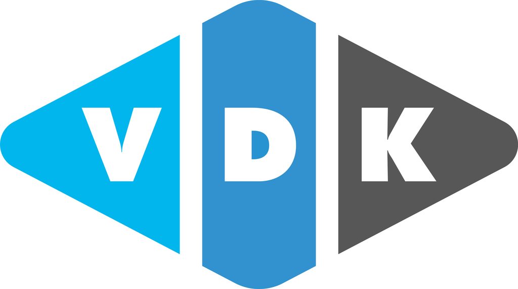 Blauw kleurig logo met de letters V D K 